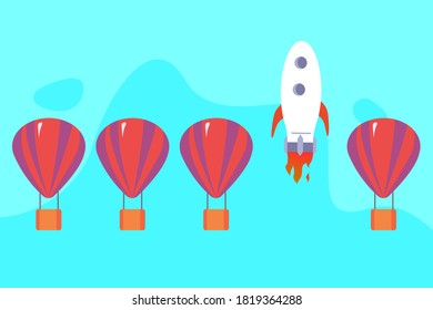 Think differently concept: Startup rocket flying higher than air balloon
