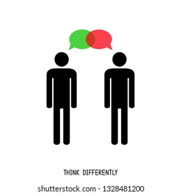 Think differently. Constructive dialog. Two human silhouettes and green and red speech bubbles. Different ideas.  Vector illustration.