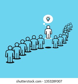 Think differently metaphor with people in the queue and one person outside the queue. Flat design, easy to use for your website or presentation.