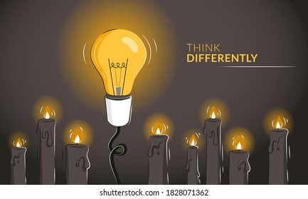 Think differently motivational horizontal banner with the light bulb among candles as a concept of innovative ideas. Thinking outside the box as a leadership strategy. Game changer metaphor