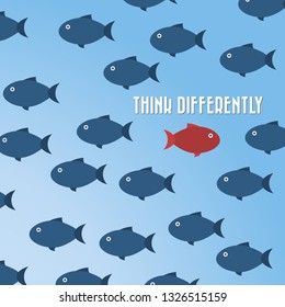 Think differently -One red unique different fish swimming opposite way of identical blue ones.  