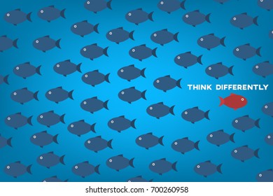 Think differently -One red unique different fish swimming opposite way of identical blue ones. Courage, confidence, success, crowd and creativity concept. EPS 10 vector illustration.