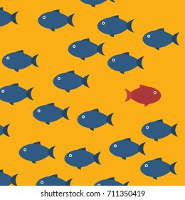 Think differently -One red unique different fish swimming opposite way of identical blue ones. Courage, confidence, success, crowd and creativity concept. EPS 10 vector illustration.