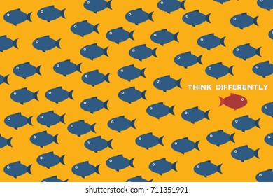 Think differently -One red unique different fish swimming opposite way of identical blue ones. Courage, confidence, success, crowd and creativity concept. EPS 10 vector illustration.