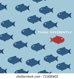 Think differently -One red unique different fish swimming opposite way of identical blue ones. Courage, confidence, success, crowd and creativity concept. EPS 10 vector 