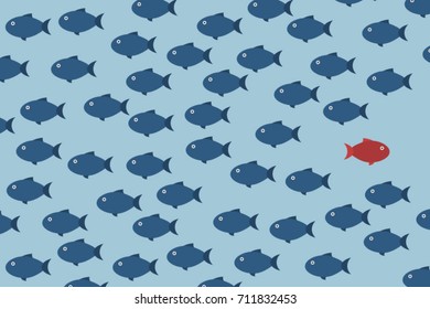 Think differently -One red unique different fish swimming opposite way of identical blue ones. Courage, confidence, success, crowd and creativity concept. EPS 10 vector 