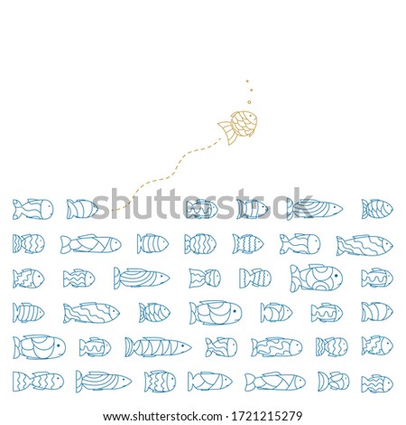 Think differently - One unique fish swimming opposite way of identical blue ones. Think outside the box. Being different, taking risky, bold move for success in life. Vector concept.