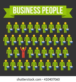 Think differently people concept. Red leader out of crowd green businessmen. Vector illustration on black background. Business, leadership out of box concept.