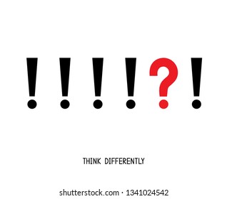 Think differently. Question mark among exclamation marks. Think, ask and look for the answers. Vector illustration.
