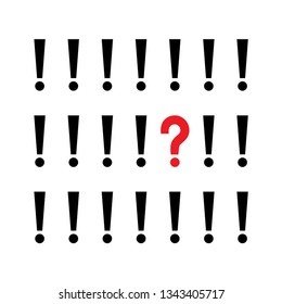 Think differently. Question mark among exclamation marks. Think, ask and look for the answers. Vector illustration.
