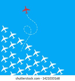 Think differently. A red plane changing direction from the white planes. Different, courage, unique, leadership, change, creative, new path, be yourself business concept. Vector illustration.