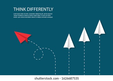 think differently red plane paper on blue background. business and finance concept. vector illustration flat design. 