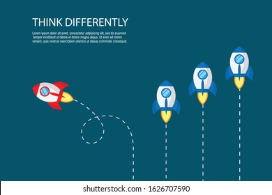 think differently red rocket on sky blue background. business and finance concept. vector illustration flat design. The way to success