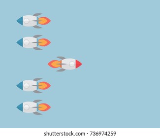 Think differently, Rocket ships flat design style, One rocket ship different 4 rocket ships, Team leader, Vector illustration
