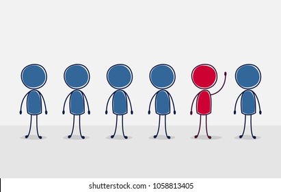 To think differently, stand out from a number of identical people. The man raised his hand up. A simple flat illustration. Careless drawing, sketch. Vector.