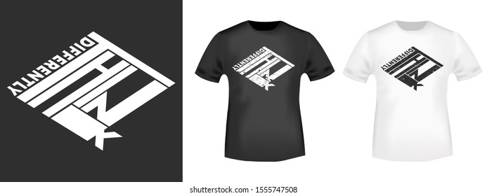 Piense de manera diferente estampado de camisetas para aplicaciones de camisetas, eslogan de moda, insignia, ropa de etiqueta, jeans y ropa casual. Ilustración vectorial.