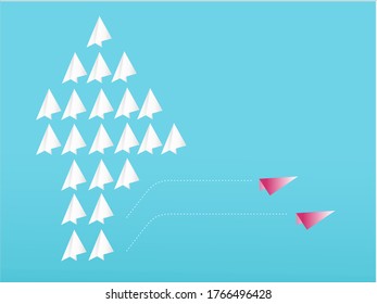Think Differently vector concept: two red paper planes flying to the new direction separated from the rest