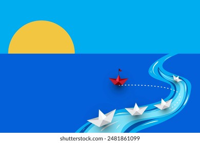 Think differently. A visual metaphor for innovation and leadership, featuring a group of white paper ships with one red ship pointing in a different direction on a blue background.