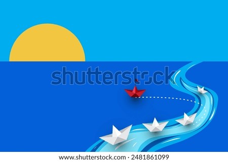 Think differently. A visual metaphor for innovation and leadership, featuring a group of white paper ships with one red ship pointing in a different direction on a blue background.