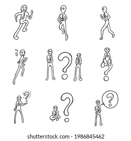 Piense en conjunto de iconos del vector Doodle. Línea dibujada a mano en la ilustración del esbozo de dibujo.