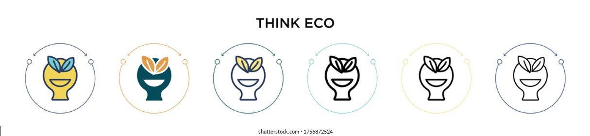 Piense en un icono ecológico con un estilo de línea fina, contorno y trazo. Ilustración vectorial de dos diseños de iconos ecológicos de pensamiento negro y de color se pueden utilizar para móviles, ui, web