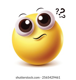 Think emoji vector character. Doubt and worried clip art yellow circle emoticon with question mark isolated in white background. Vector illustration think clipart emoji.
