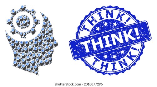 Think Exclamation corroded round seal imitation and vector recursive composition human intellect gear. Blue stamp seal contains Think Exclamation text inside round shape.