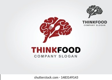 Think Food Vector Logo Template. A Creative And Unique Logo Design Featuring Human Brain With Spoon And Fork. This Logo Can Be Easily Resize And Colors Can Be Changed To Fit Your Project.