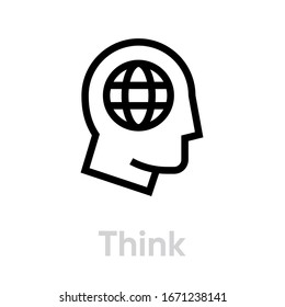 Think Globe Planet. Symbol of the earth, mind, brain in the head of man. Editable line vector. Simple isolated single sign. Pictogram for web site, mobile application.
