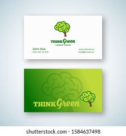 Think Green Abstract Vector Sign or Logo and Business Card Template. Brain Shape Tree Concept with Typography. Premium Stationary Realistic Mock Up. Isolated.