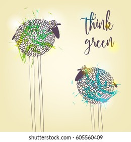 "Think green" background witch sheeps