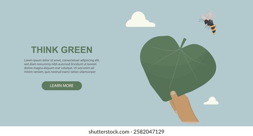 Think Green banner. Environmental Awareness Illustration. Hand holding a large green leaf, accompanied by a bee, symbolizing sustainability and nature conservation. Earth day and biodiversity concept.