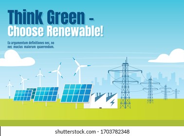 Think green, choose renewable banner flat vector template. Alternative energy horizontal poster word concepts design. Clean power sources cartoon illustration with typography. Cityscape on background