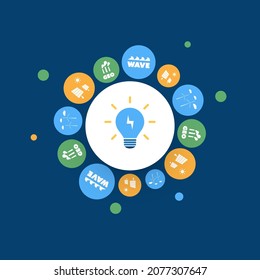Think Green - Colorful Concept of Smart Eco Friendly Ideas for Green Power Generation and Consumption with Symbols of Various Alternative Energy Sources and Energy Efficient Light Bulb - Vector Design
