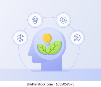 think green concept bulb lamp leaf in head windmill water drop lightning white isolated background with flat style