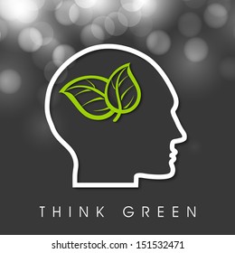 Think Green concept with a human head and green leaves.