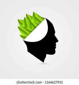 Think Green concept. Open head with leafs. Vector illustration