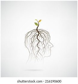 Think green concept. Tree of green idea shoot grow on human head symbol. business and green industrial idea. Vector illustration