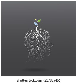 Think green concept. Tree of green idea shoot grow on human head symbol. business and green industrial idea. Vector illustration
