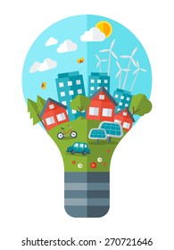 Think green concept vector illustration. Eco city in light bulb. Save the planet.