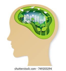 Think green creative idea concept.Human head thinking about nature and environment conservation paper art style.Vector illustration.