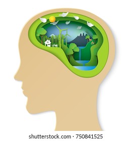 Think green creative idea concept.Human head thinking about green eco city and environment conservation paper art style.Vector illustration.