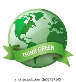 Think Green Earth Button eps. Illustration of an earth button with ribbons and the slogan Think Green on it.isolated on white white background . EPS available.