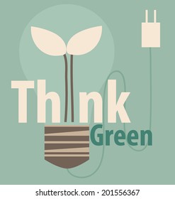 Pensemos en verde, concepto ecológico. Bombilla de luz con árbol adentro. Ilustración vectorial.