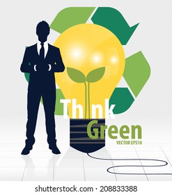 Think green, Eco concept. Light bulb with Tree and Recycle symbol. Vector illustration.