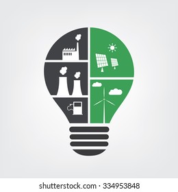 Think Green. Eco Friendly Ideas Vs. Polluting Actions In The Light Bulb Symbol - Background Concept Design