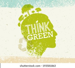 Think Green Eco Head Creative Grunge Vector Illustration On Recycled Paper Background