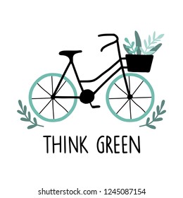 Think green. Eco life concept about environment and ecology. Illustration with bicycle and handwritten letters. Zero waste life slogan, typography. Vector 