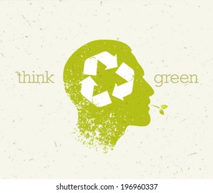 Think Green Eco Poster Concept. Organic Vector Head on Recycled Paper Background