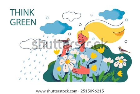 Think green eco poster. Save nature. Harmony of man and nature, environment.